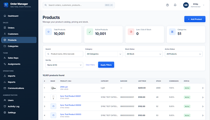 Order Manager web administration product screen
