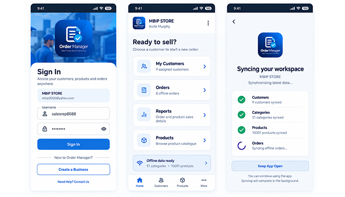 Order Manager Android product selection screen